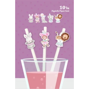 Pembe Sirk Temalı Doğum Günü 10lu Figürlü Pipet Seti