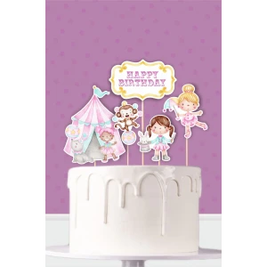 Pembe Sirk Temalı Doğum Günü Kürdanlı Pasta Süsü