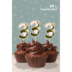 Safari Party Temalı 3 Yaşında Cupcake Süsü 10lu