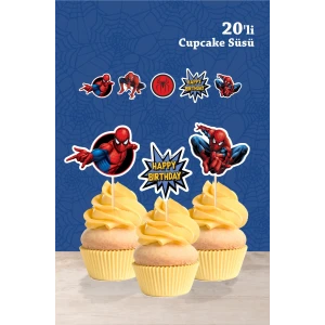 Spiderman Örümcek Adam Temalı Doğum Günü Kürdanlı Cupcake Süsü 20li