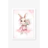 İsme Özel Pembe Çiçekli Tavşan Beyaz Çerçeve 30x40 cm Tablo, Hastane Odası Kapı Süsü, Çocuk Odası, Dekorasyon