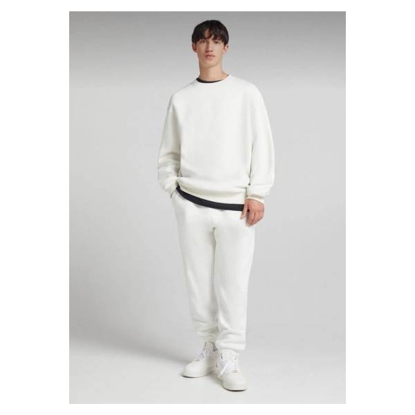 Beyaz Pamuklu Unisex Oversize Basic Bisiklet Yaka Sweatshirt