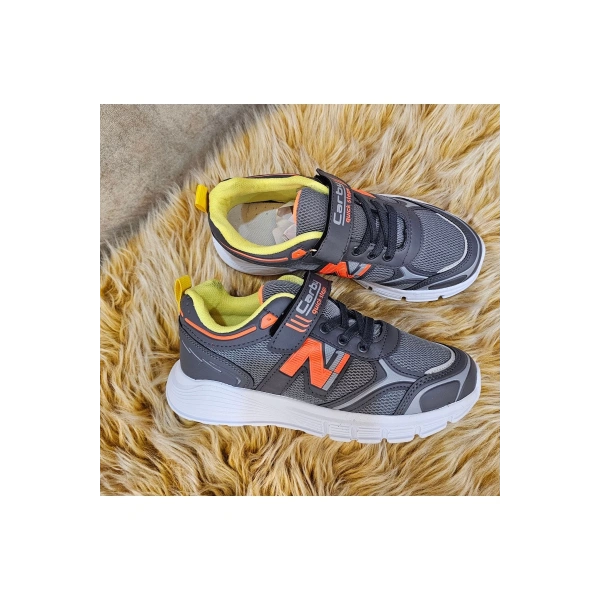 Bağcıklı Unisex Çocuk Spor Ayakkabısı-Gri-Orange-yeşil