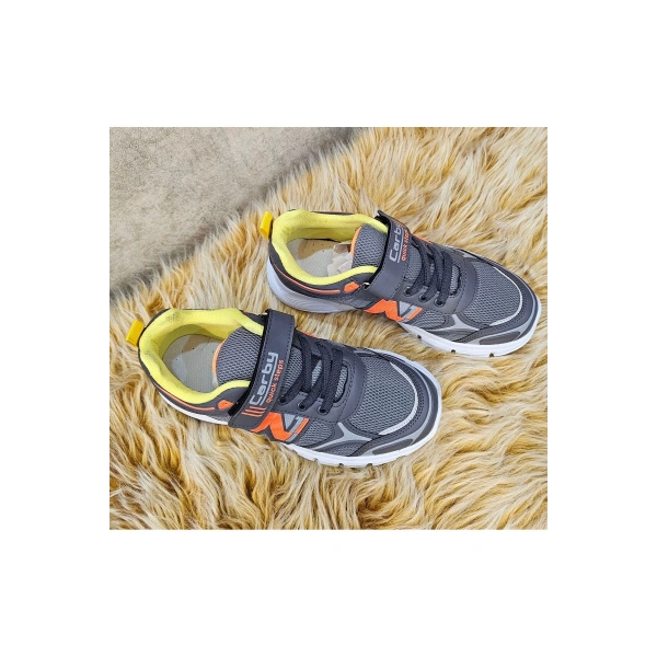 Bağcıklı Unisex Çocuk Spor Ayakkabısı-Gri-Orange-yeşil