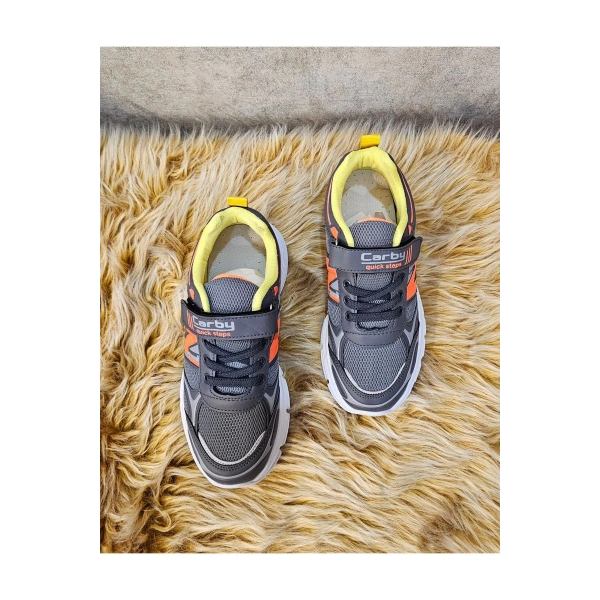 Bağcıklı Unisex Çocuk Spor Ayakkabısı-Gri-Orange-yeşil
