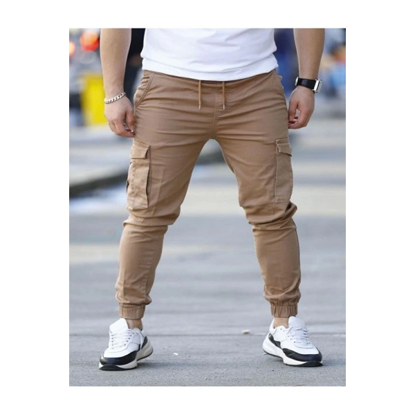 likralı beli ve paçası lastikli kahverengi kargo pantolon