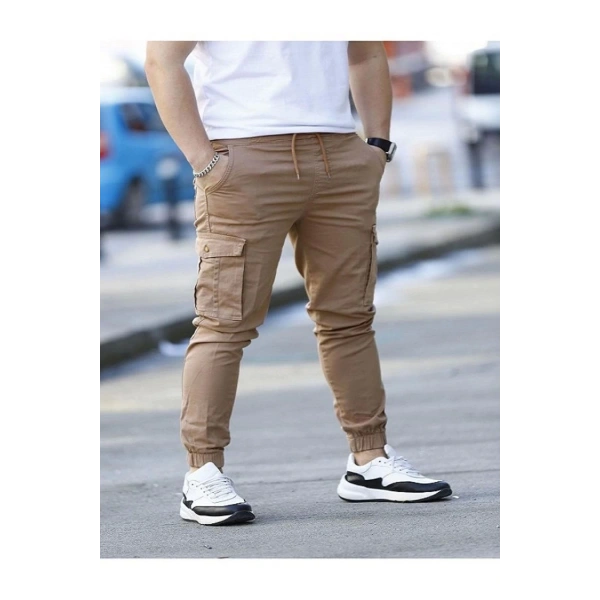 likralı beli ve paçası lastikli kahverengi kargo pantolon