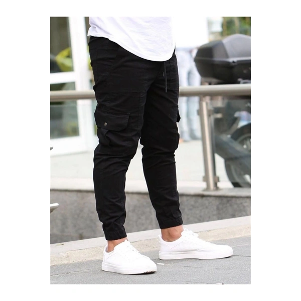 likralı beli ve paçası lastikli siyah kargo pantolon