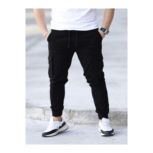 likralı beli ve paçası lastikli siyah kargo pantolon