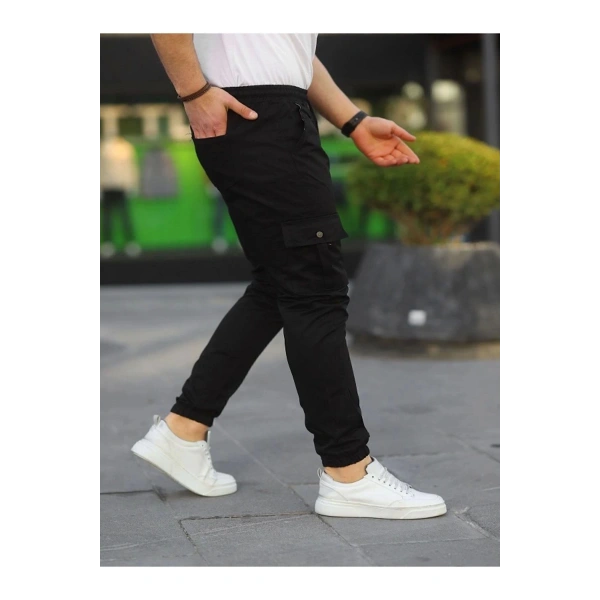 likralı beli ve paçası lastikli siyah kargo pantolon