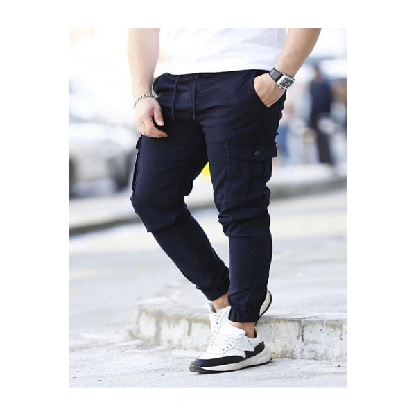 likralı beli ve paçası lastikli lacivert kargo pantolon