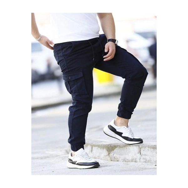 likralı beli ve paçası lastikli lacivert kargo pantolon