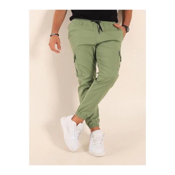 likralı beli ve paçası lastikli yeşil kargo pantolon
