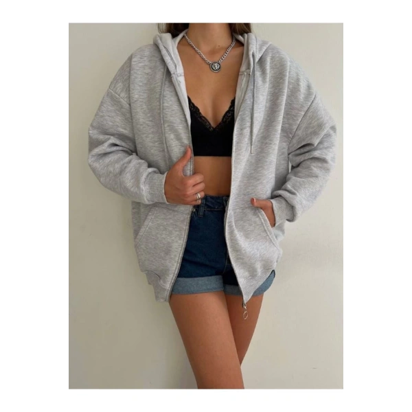 Kadın Fermuarlı Kapşonlu Sweat Hırka