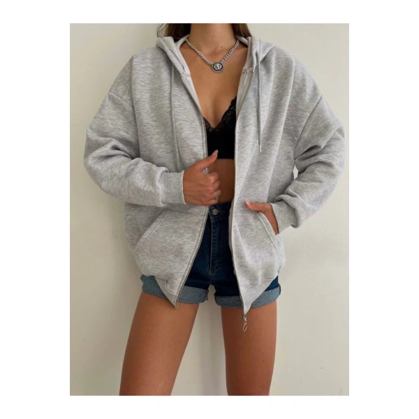 Kadın Fermuarlı Kapşonlu Sweat Hırka