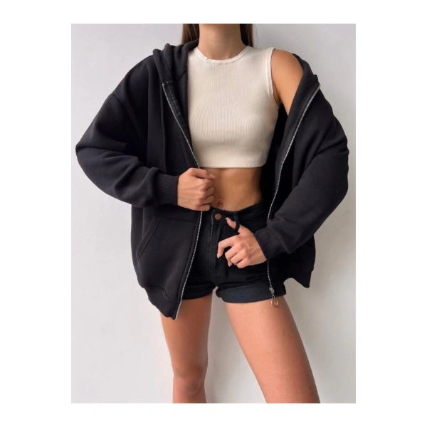 Kadın Fermuarlı Kapşonlu Sweat Hırka