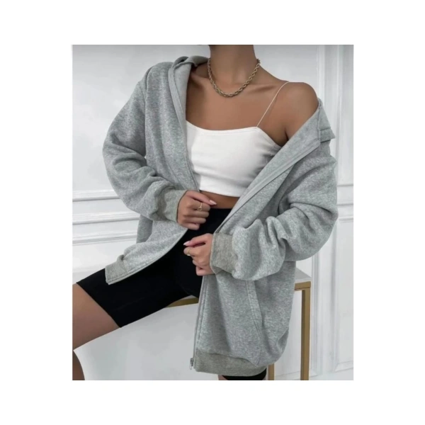 Kadın Siyah Kalın Kışlık Kumaş Fermuarlı Kapşonlu Hırka