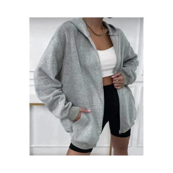 Kadın Siyah Kalın Kışlık Kumaş Fermuarlı Kapşonlu Hırka