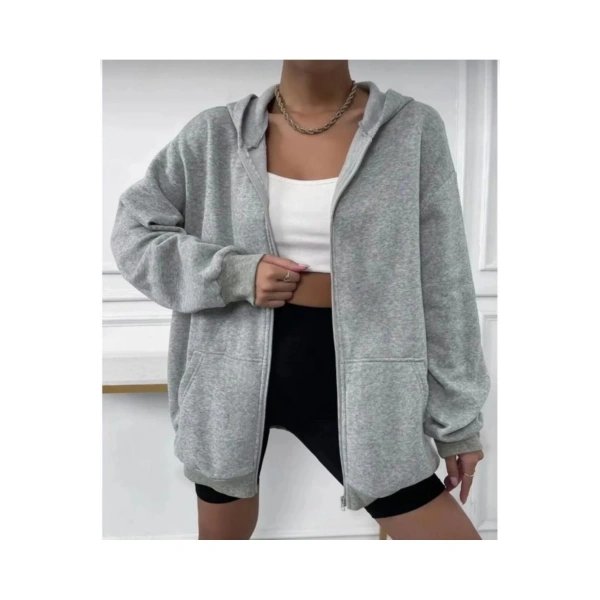 Kadın Siyah Kalın Kışlık Kumaş Fermuarlı Kapşonlu Hırka