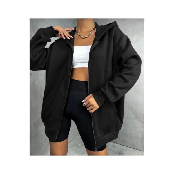 Kadın Siyah Kalın Kışlık Kumaş Fermuarlı Kapşonlu Hırka