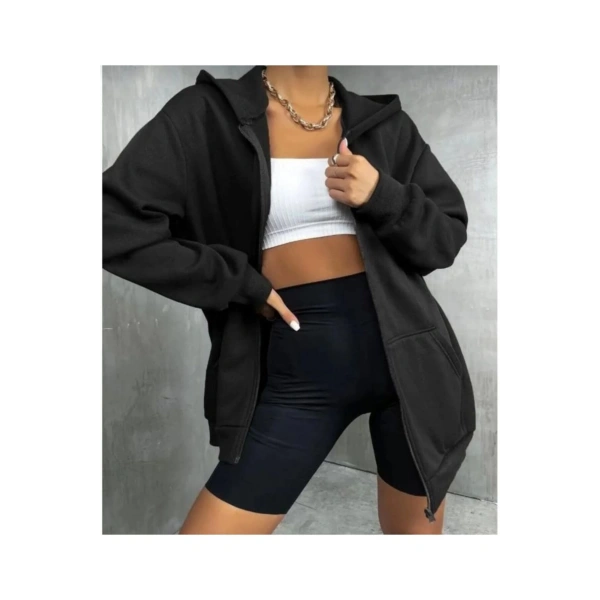 Kadın Siyah Kalın Kışlık Kumaş Fermuarlı Kapşonlu Hırka