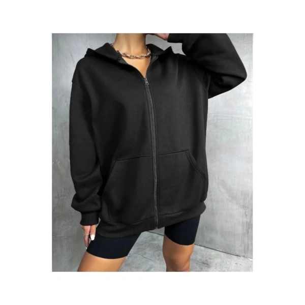 Kadın Siyah Kalın Kışlık Kumaş Fermuarlı Kapşonlu Hırka