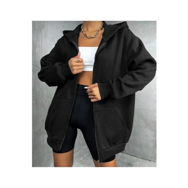 Kadın Siyah Kalın Kışlık Kumaş Fermuarlı Kapşonlu Hırka