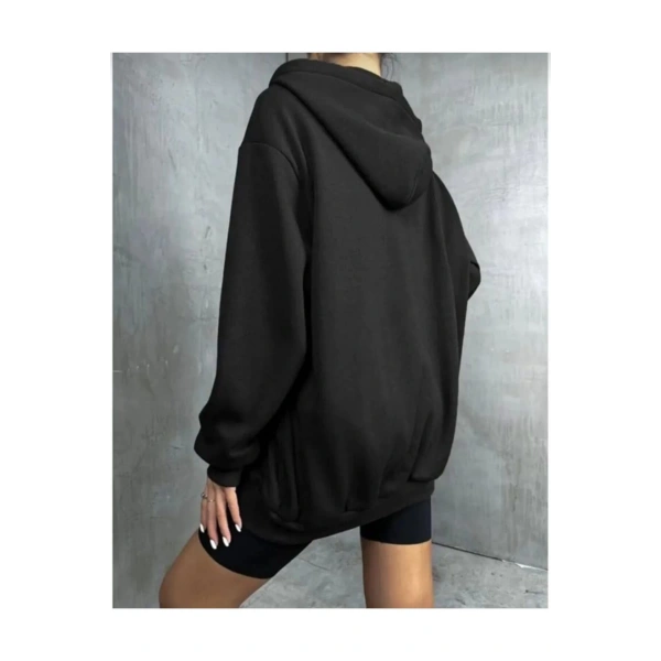 Kadın Siyah Kalın Kışlık Kumaş Fermuarlı Kapşonlu Hırka