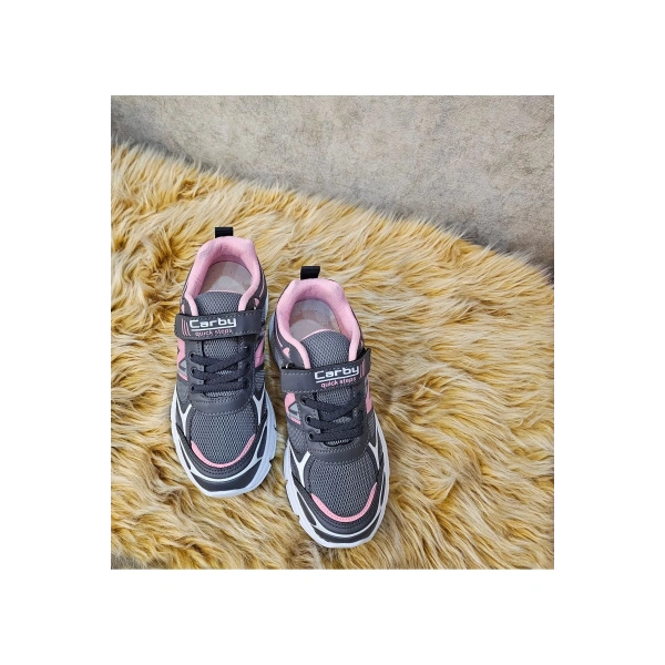 Çocuk Unisex Gri Pembe Rahat Kalıp Nefes Alabilen Kumaş Bağcıklı Spor Ayakkabı