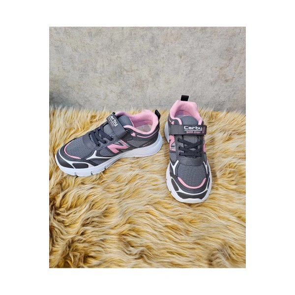 Çocuk Unisex Gri Pembe Rahat Kalıp Nefes Alabilen Kumaş Bağcıklı Spor Ayakkabı