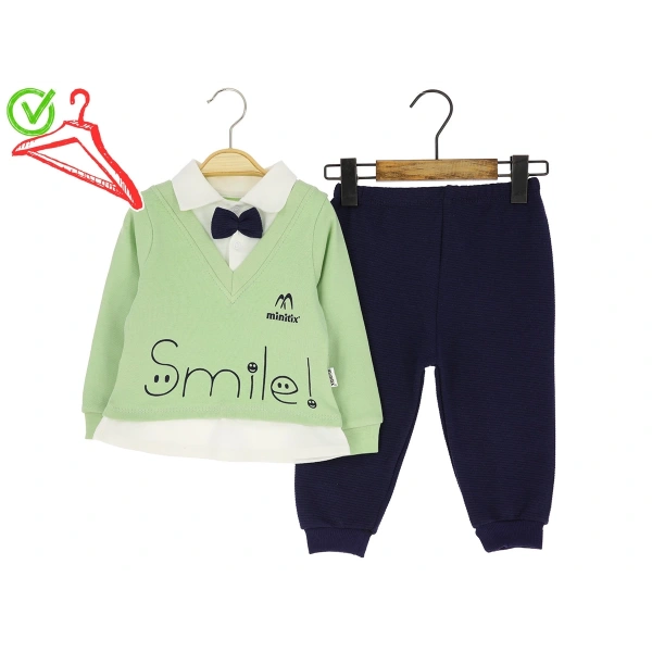 9/24 AY BEBE ERKEK TAKIM 2Lİ PAPYONLU SMİLE BASKILI