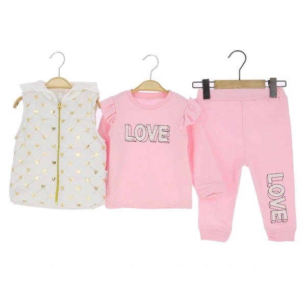 9/24 AY BEBE KIZ TAKIM 3LÜ YELEKLİ LOVE BASKILI