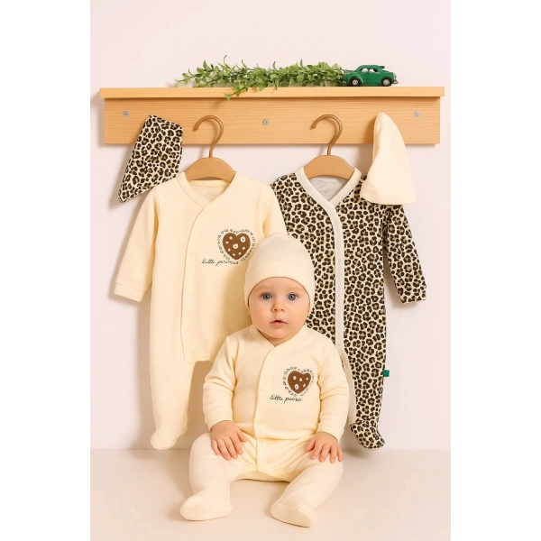 Açık Kahve Leopar Desenli Kız Bebek 4lü Tulum Seti