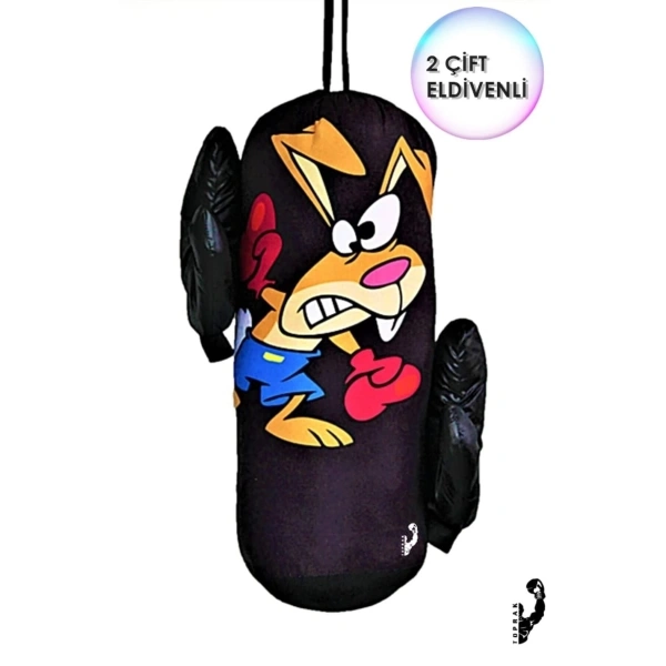 Çocuk Boks Torbası 2 Çift Eldiven Hediyeli Eğlenceli Evde Boks(Unisex Kız-Erkek) Siyah