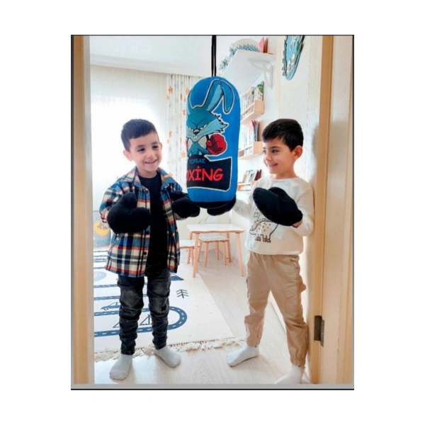 Çocuk Boks Torbası Eldiven Hediyeli Çocuklar İçin Eğlenceli Evde Boks Mavi