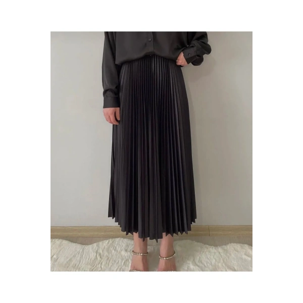 Deri görünümlü Rahat kesim şık plise etek