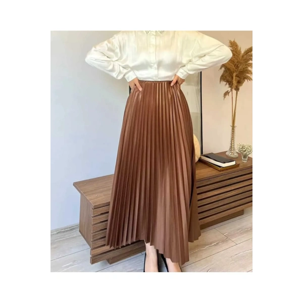 Deri görünümlü Rahat kesim şık plise etek