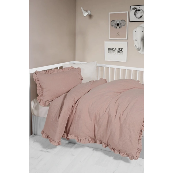 Kanz 2 Kat Fırfırlı Bebek Müslin Nevresim Knz-023 Pudra