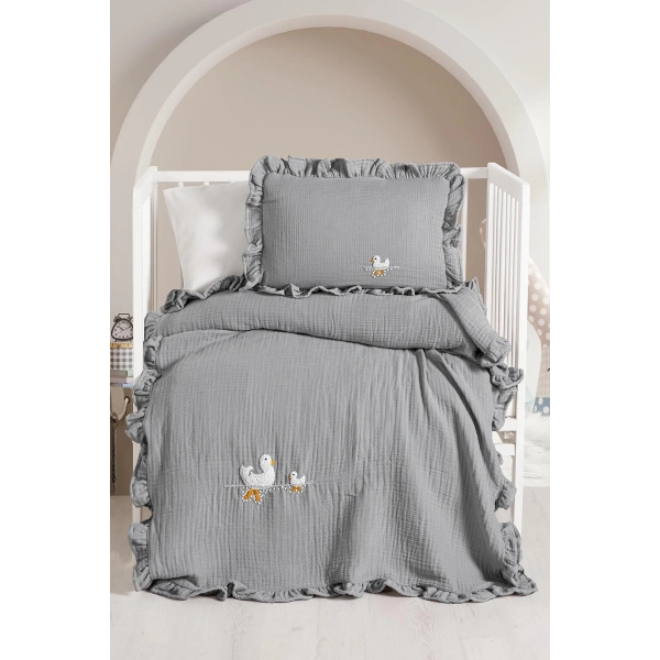 Kanz 4 Kat Hand Made Fırfırlı Müslin Örtü Seti Knz-020 Gri