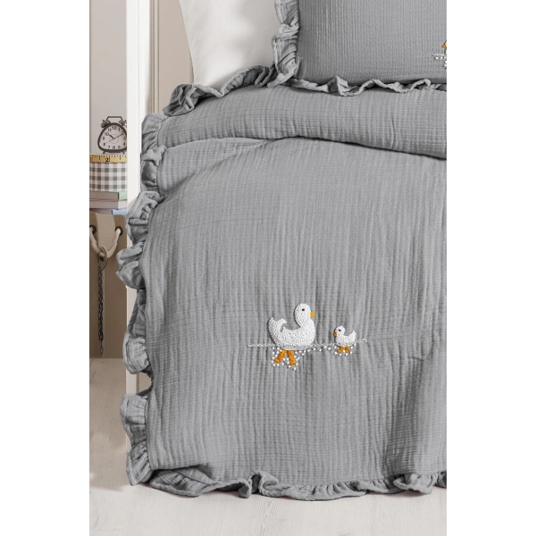 Kanz 4 Kat Hand Made Fırfırlı Müslin Örtü Seti Knz-020 Gri