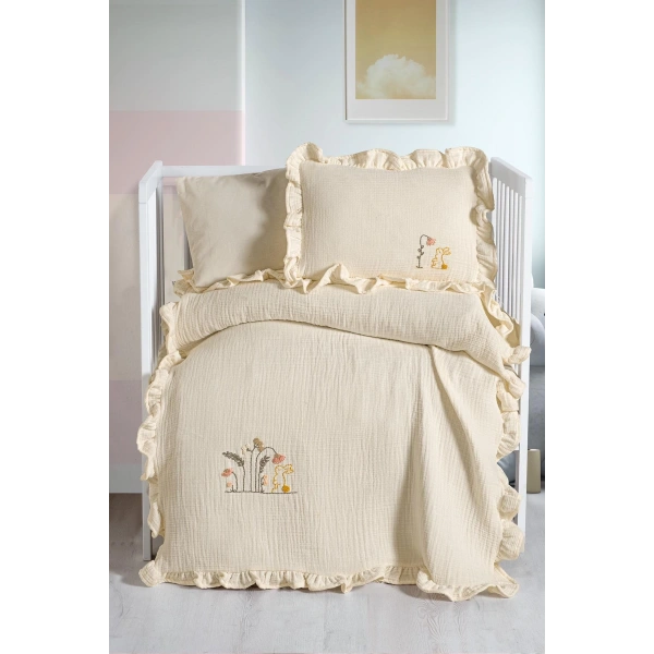 Kanz 4 Kat Hand Made Fırfırlı Müslin Örtü Seti Knz-020 Krem