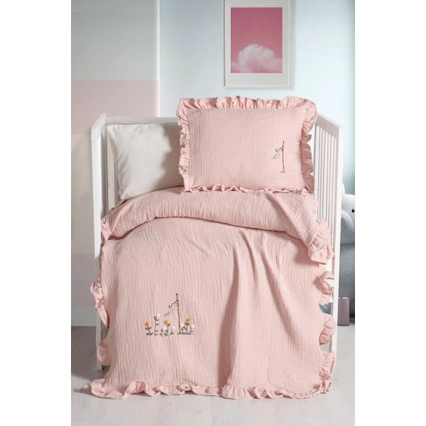 Kanz 4 Kat Hand Made Fırfırlı Müslin Örtü Seti Knz-020 Pudra