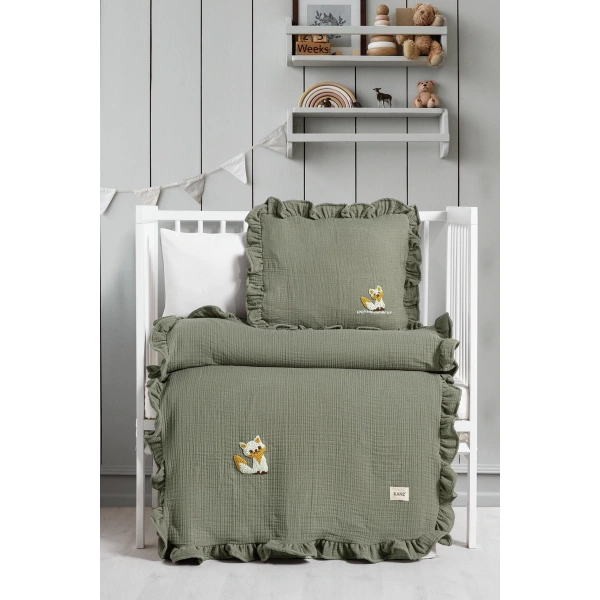 Kanz 4 Kat Hand Made Fırfırlı Müslin Örtü Seti Knz-020 Yeşil