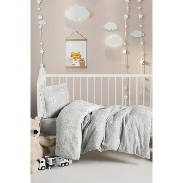 Kanz Jakarlı Müslin Bebek Nevresim Takımı Knz-013 Bear Gri