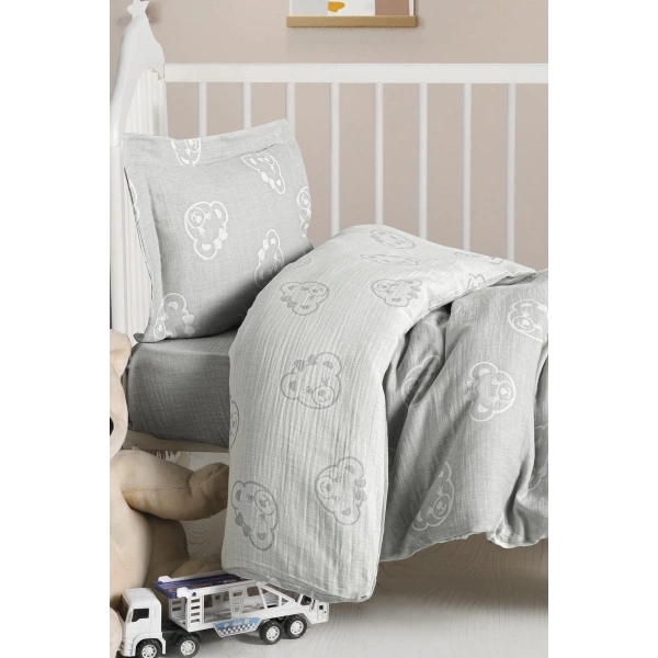 Kanz Jakarlı Müslin Bebek Nevresim Takımı Knz-013 Bear Gri