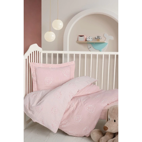 Kanz Jakarlı Müslin Bebek Nevresim Takımı Knz-013 Bear Pembe