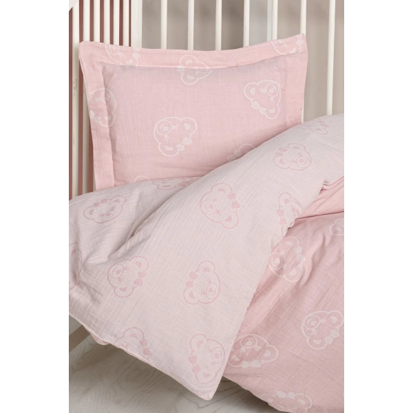 Kanz Jakarlı Müslin Bebek Nevresim Takımı Knz-013 Bear Pembe