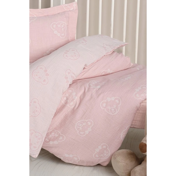 Kanz Jakarlı Müslin Bebek Nevresim Takımı Knz-013 Bear Pembe