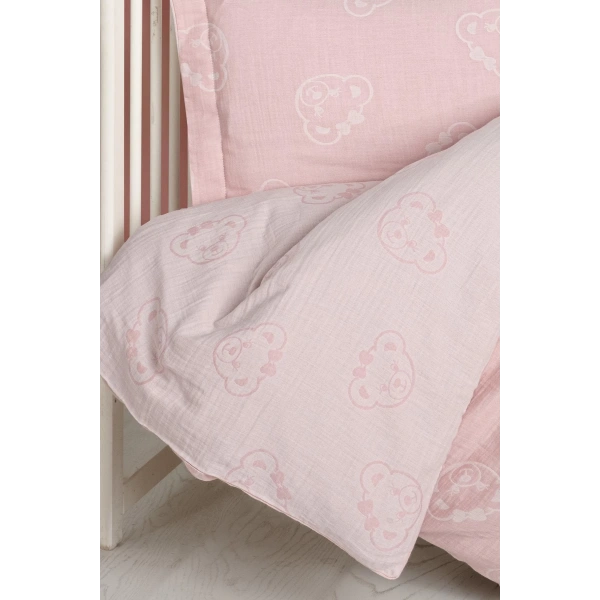 Kanz Jakarlı Müslin Bebek Nevresim Takımı Knz-013 Bear Pembe