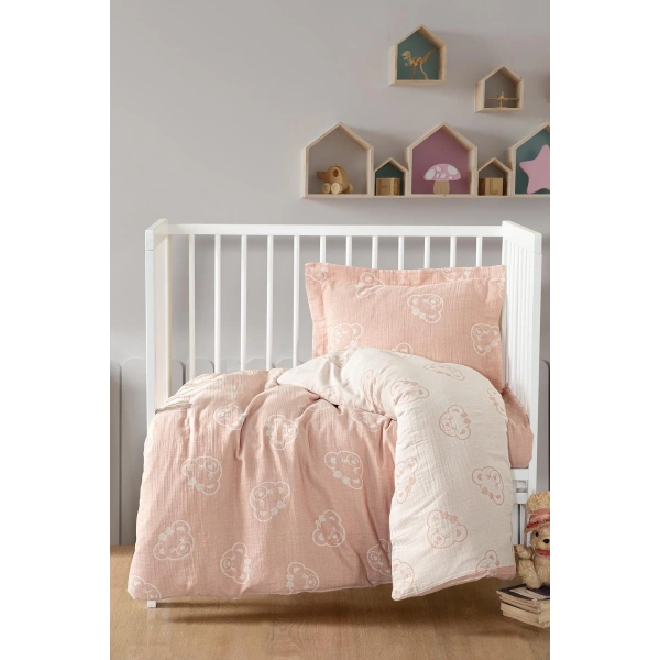 Kanz Jakarlı Müslin Bebek Nevresim Takımı Knz-013 Bear Pudra